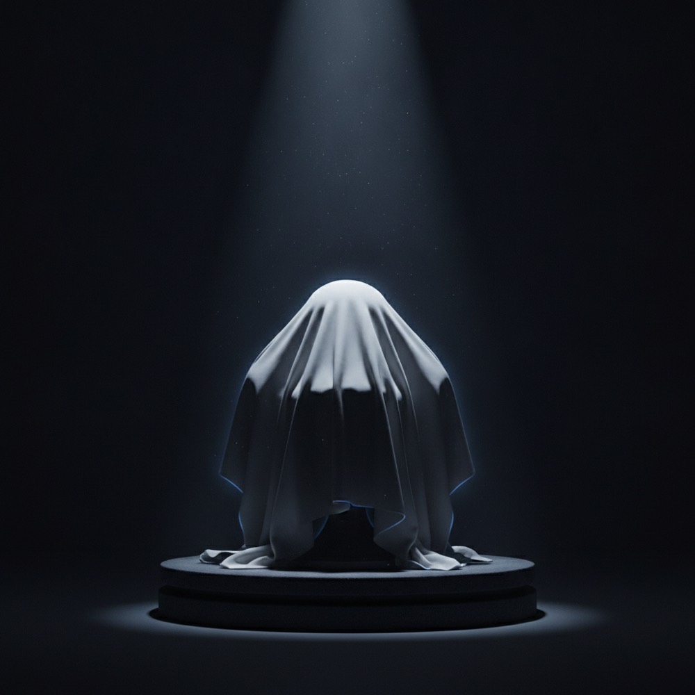 An unannounced Focus 10 device covered by a draped cloth, lit by a single spotlight